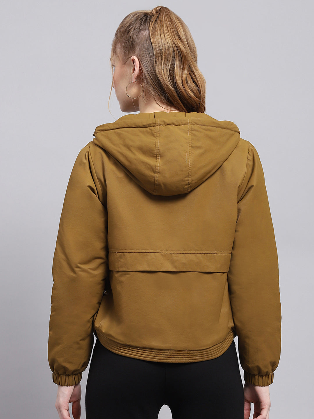 Women Khaki Solid Hooded Full Sleeve Jacket