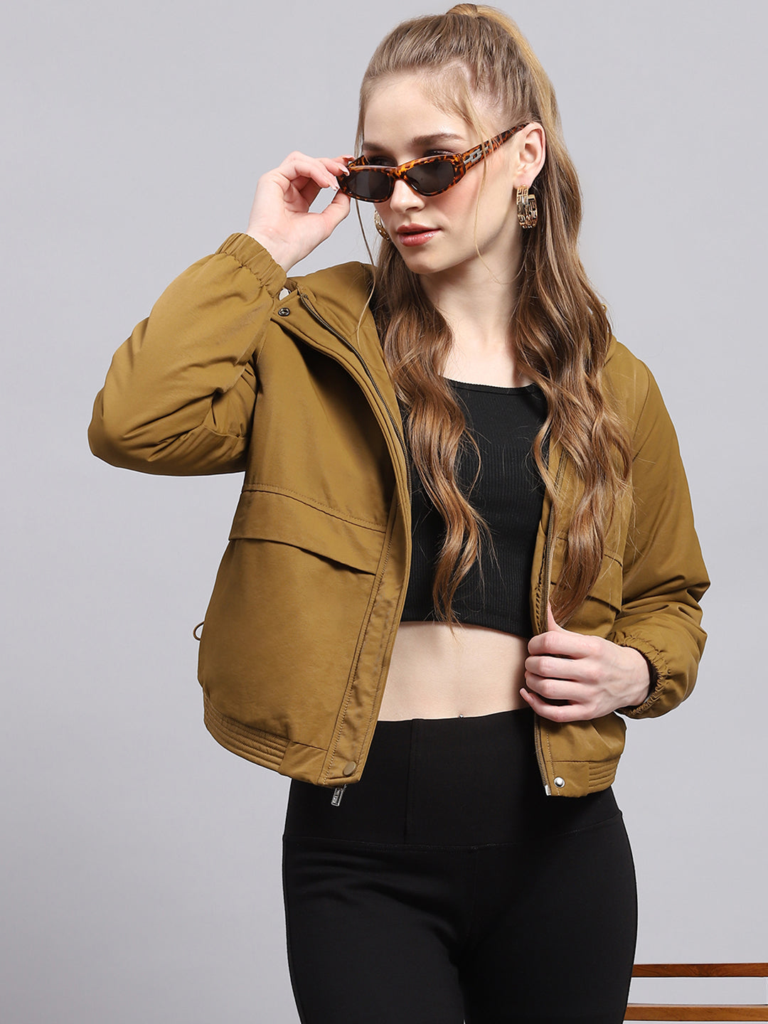 Women Khaki Solid Hooded Full Sleeve Jacket