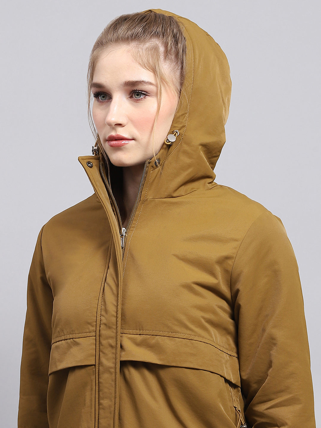 Women Khaki Solid Hooded Full Sleeve Jacket