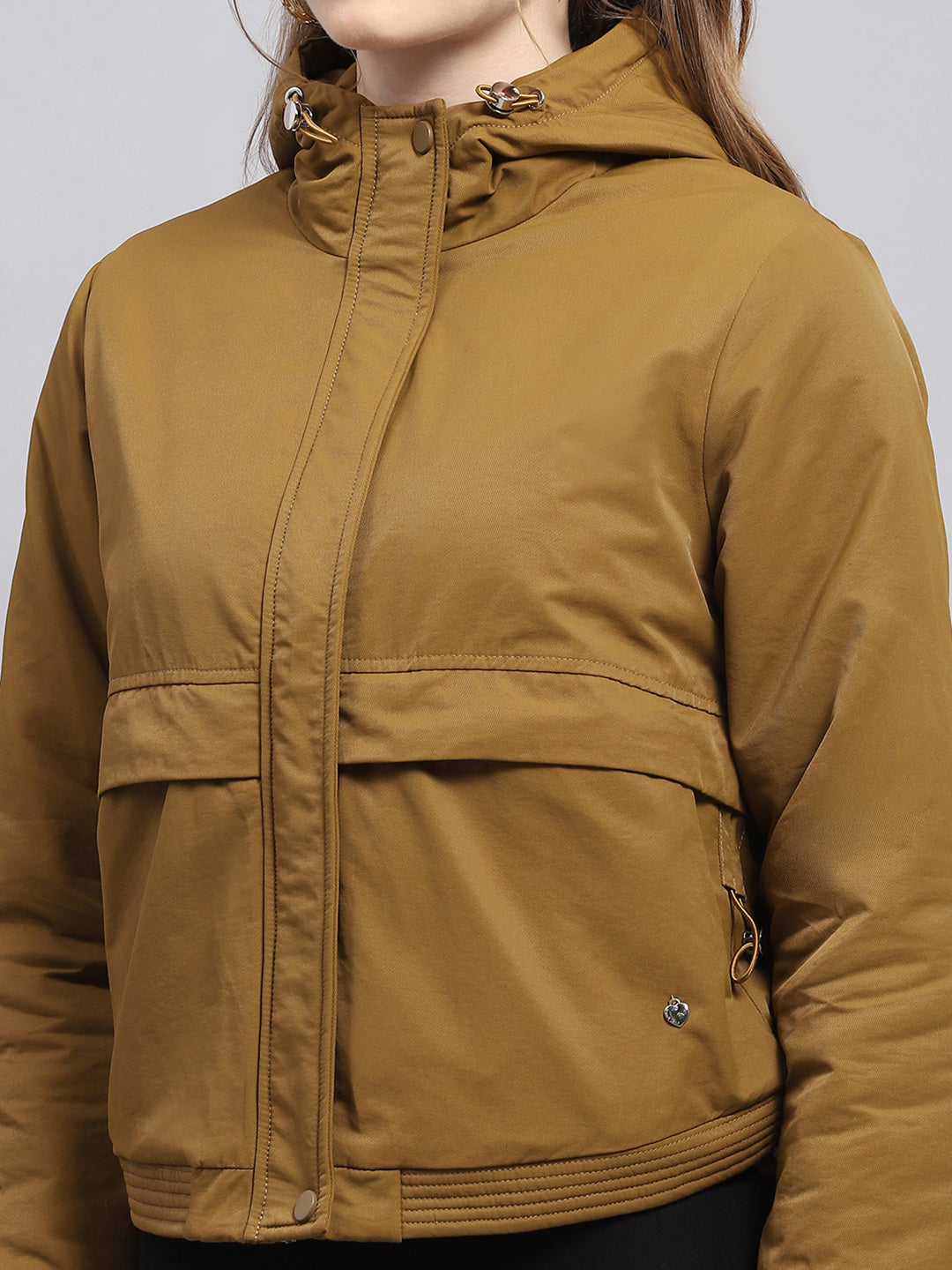 Women Khaki Solid Hooded Full Sleeve Jacket