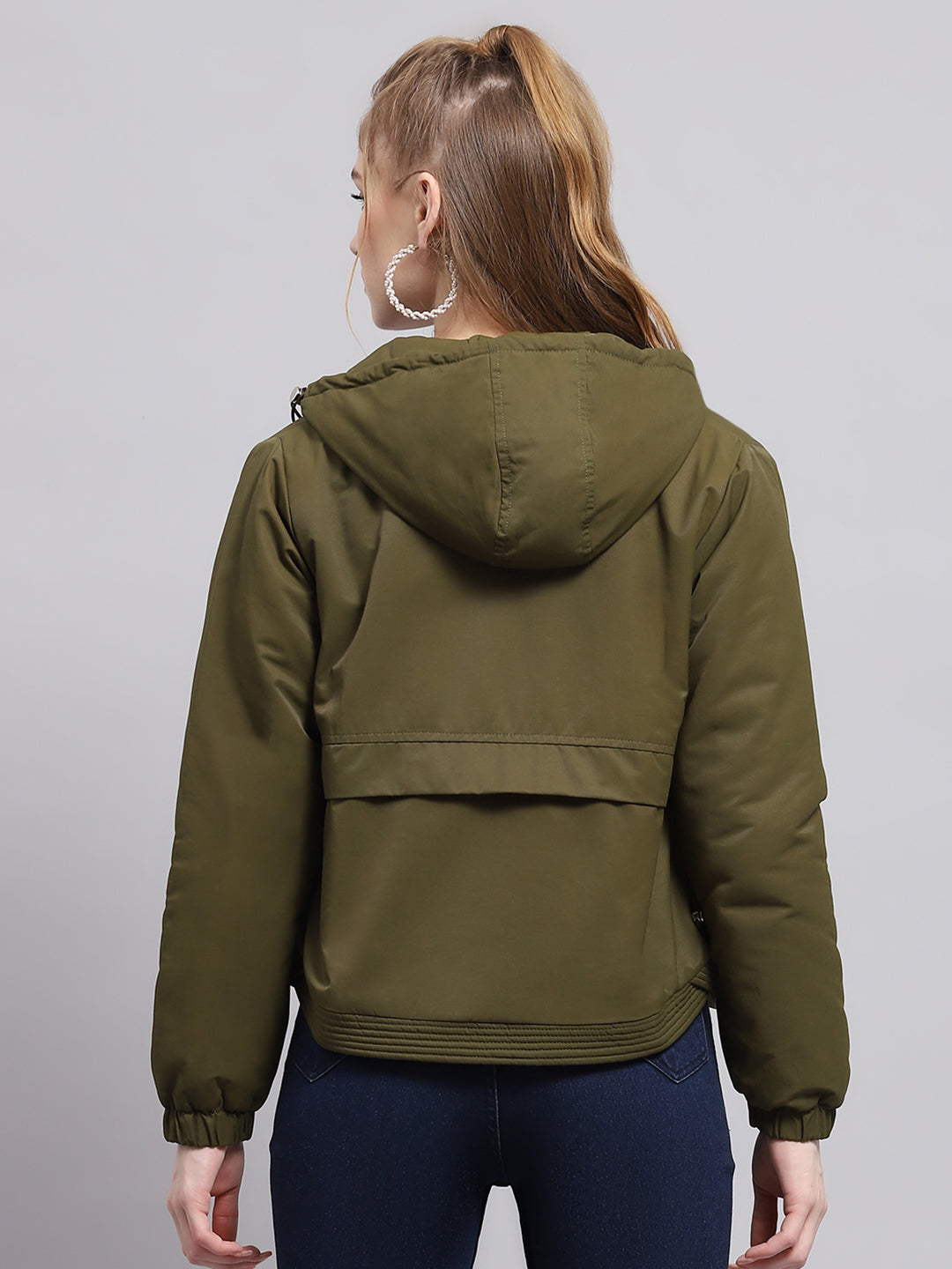 Women Green Solid Hooded Full Sleeve Jacket