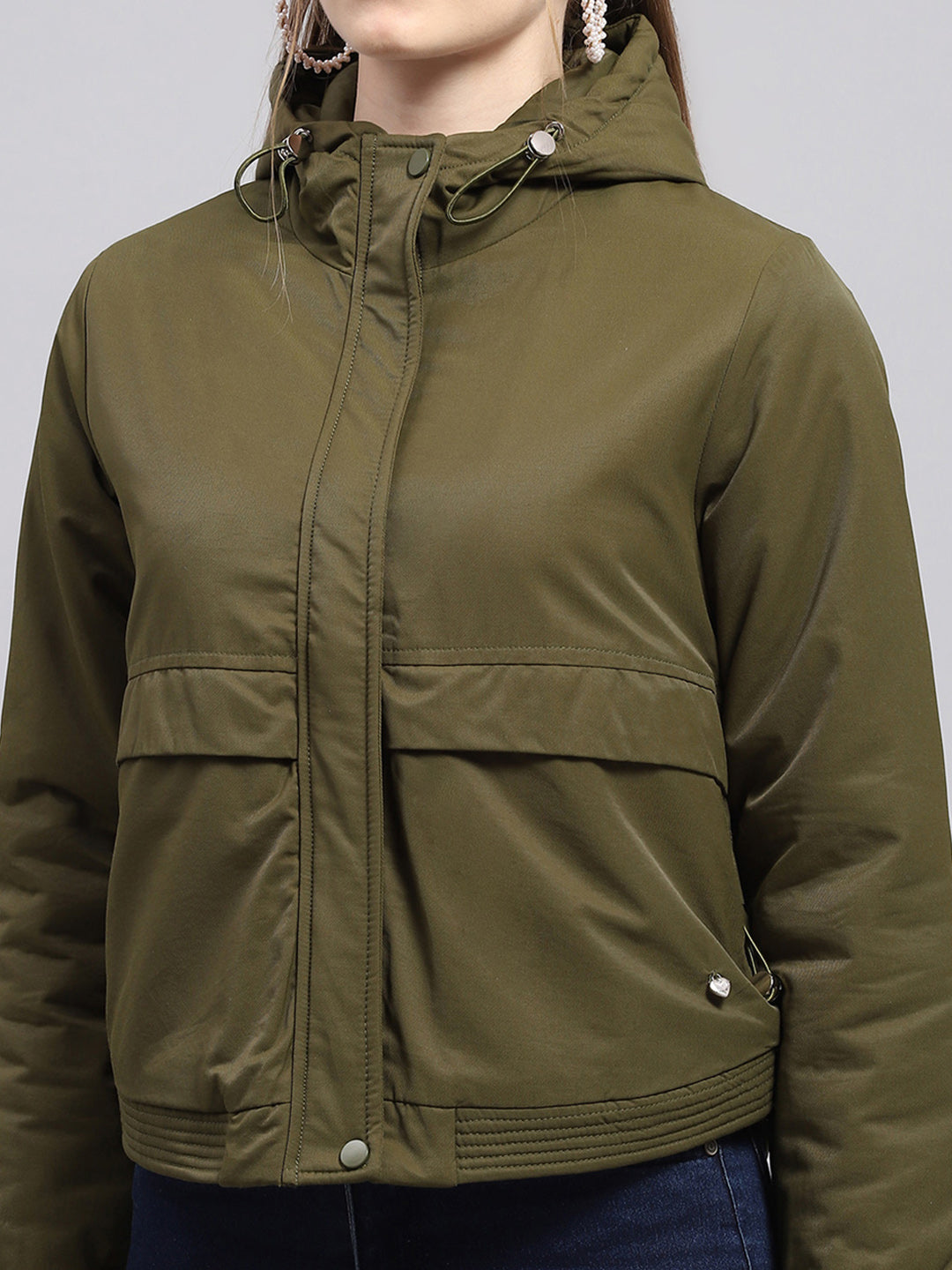 Women Green Solid Hooded Full Sleeve Jacket