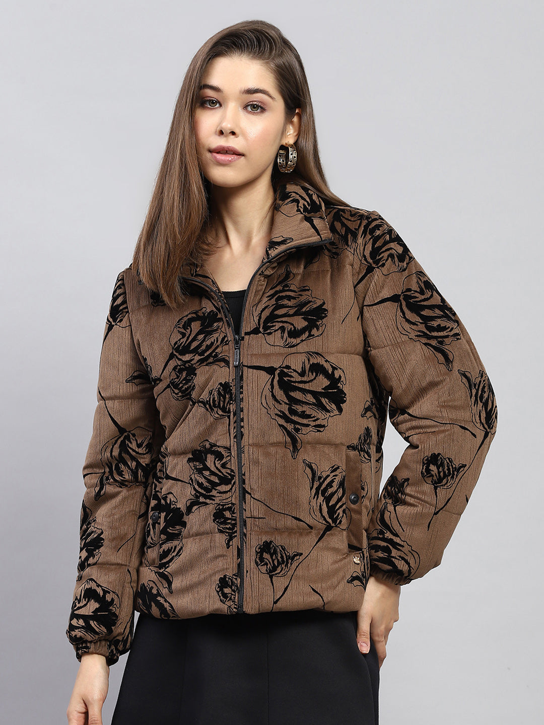 Women Brown Printed Collar Full Sleeve Jacket