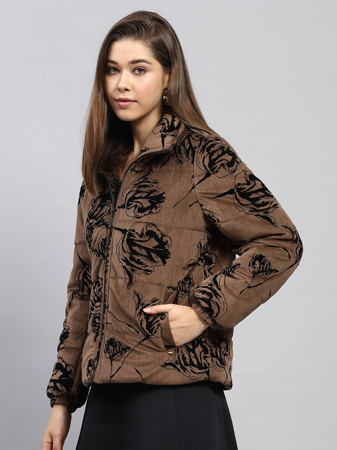 Women Brown Printed Collar Full Sleeve Jacket