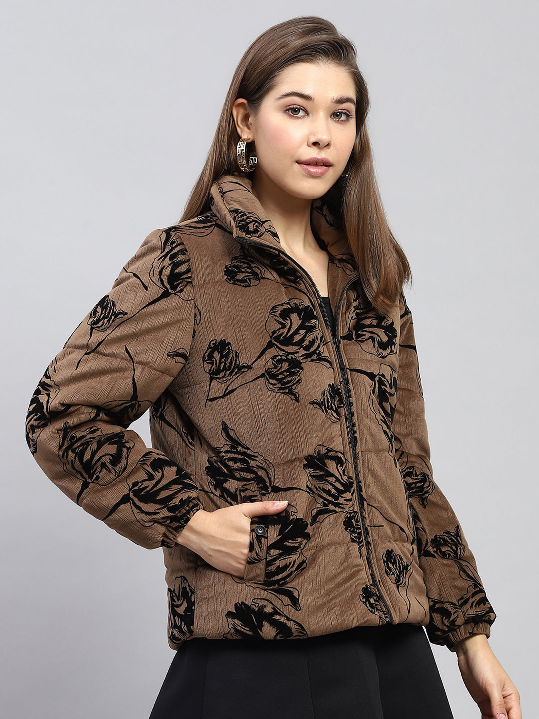 Women Brown Printed Collar Full Sleeve Jacket