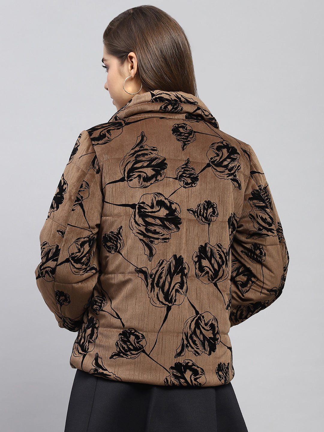 Women Brown Printed Collar Full Sleeve Jacket