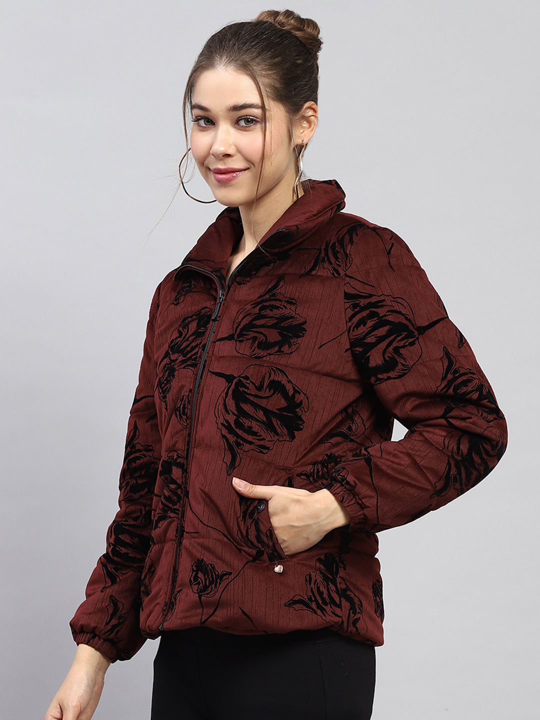 Women Maroon Printed Collar Full Sleeve Jacket