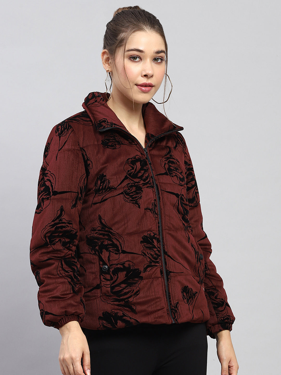 Women Maroon Printed Collar Full Sleeve Jacket