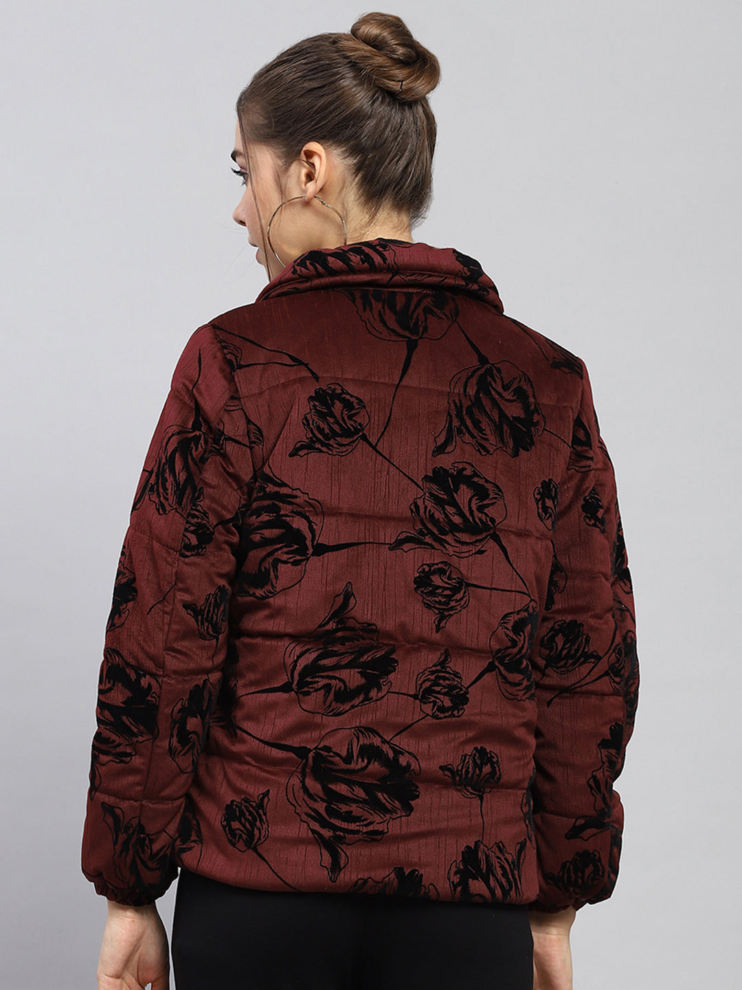 Women Maroon Printed Collar Full Sleeve Jacket