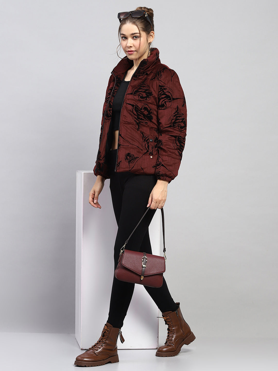 Women Maroon Printed Collar Full Sleeve Jacket