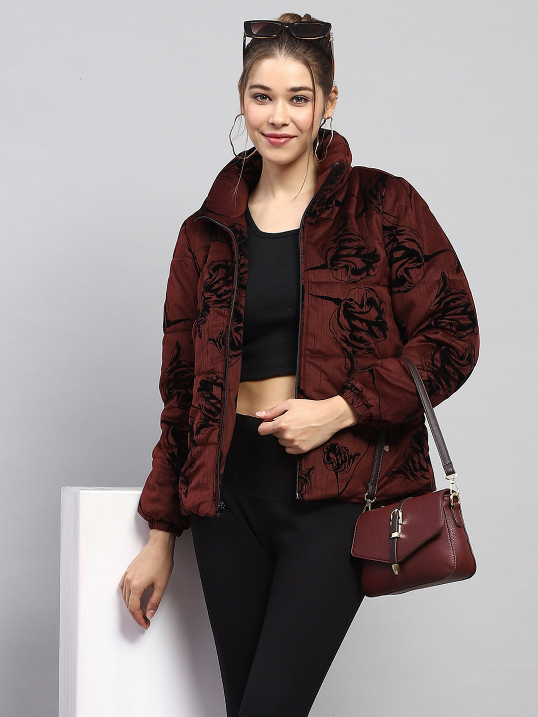 Women Maroon Printed Collar Full Sleeve Jacket