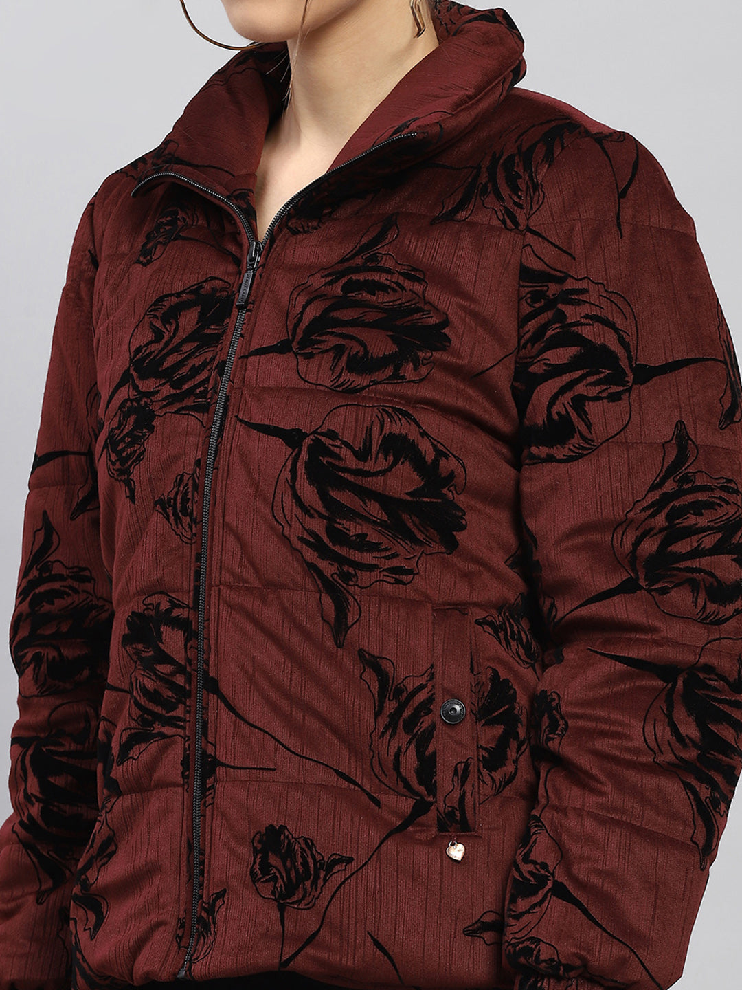 Women Maroon Printed Collar Full Sleeve Jacket