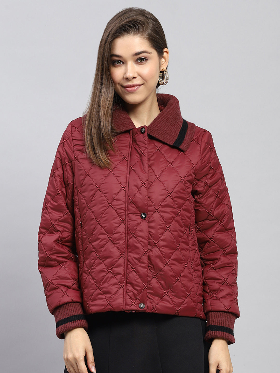 Women Maroon Embroidered Collar Full Sleeve Jacket