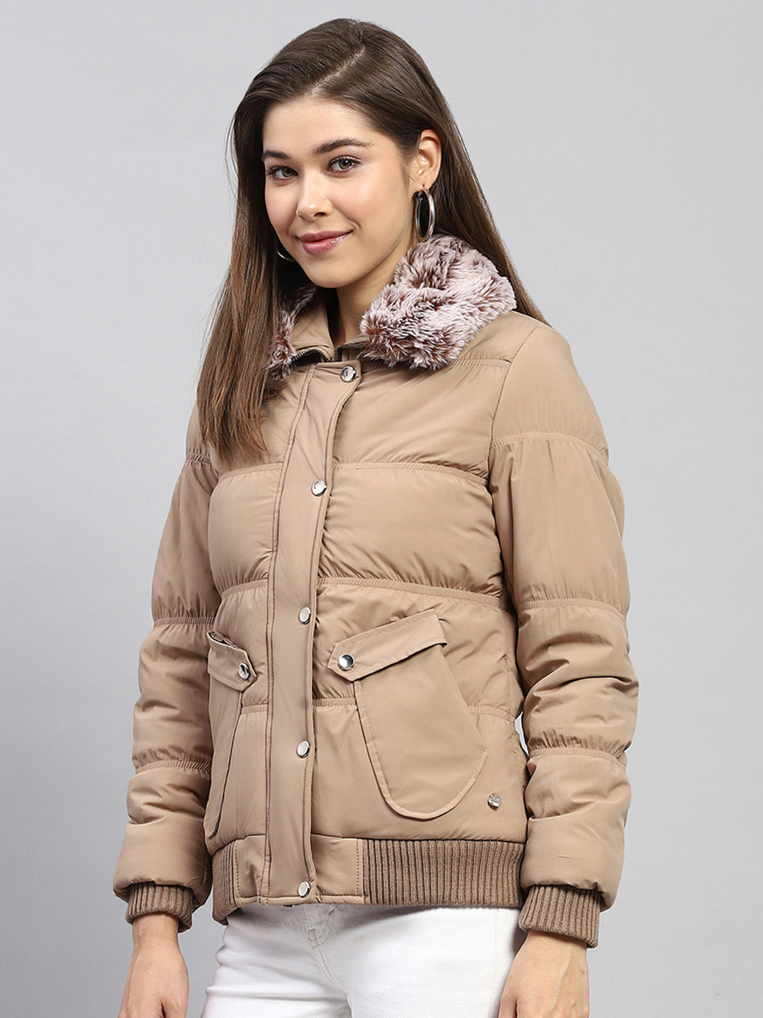 Women Beige Solid Collar Full Sleeve Jacket