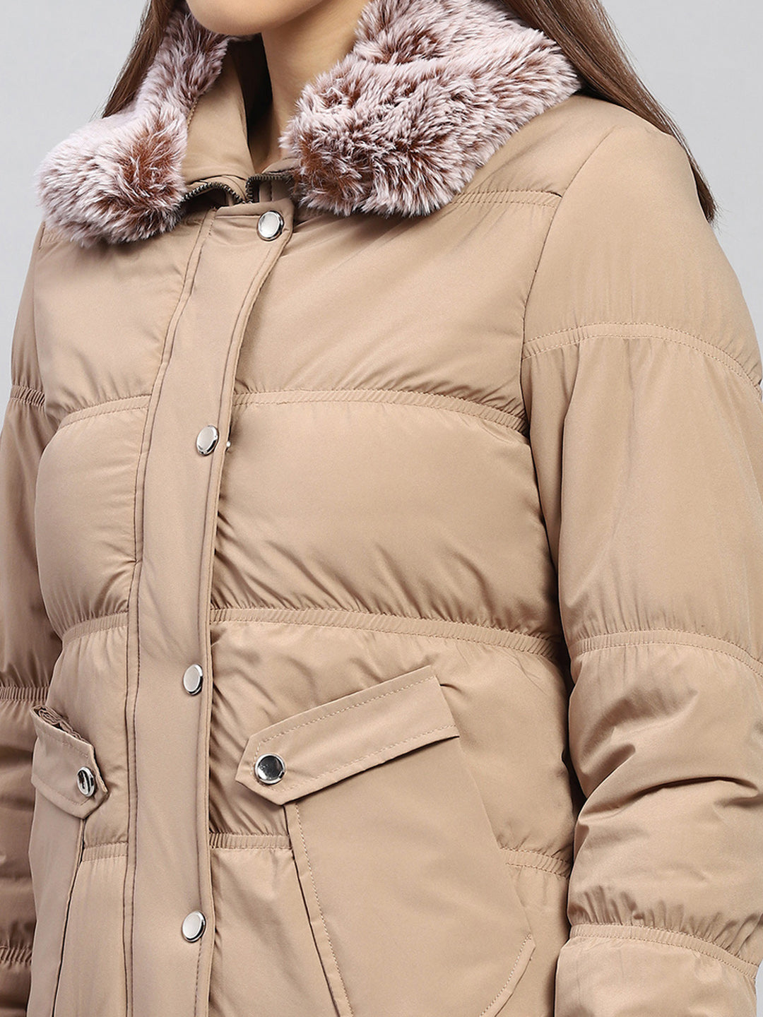 Women Beige Solid Collar Full Sleeve Jacket