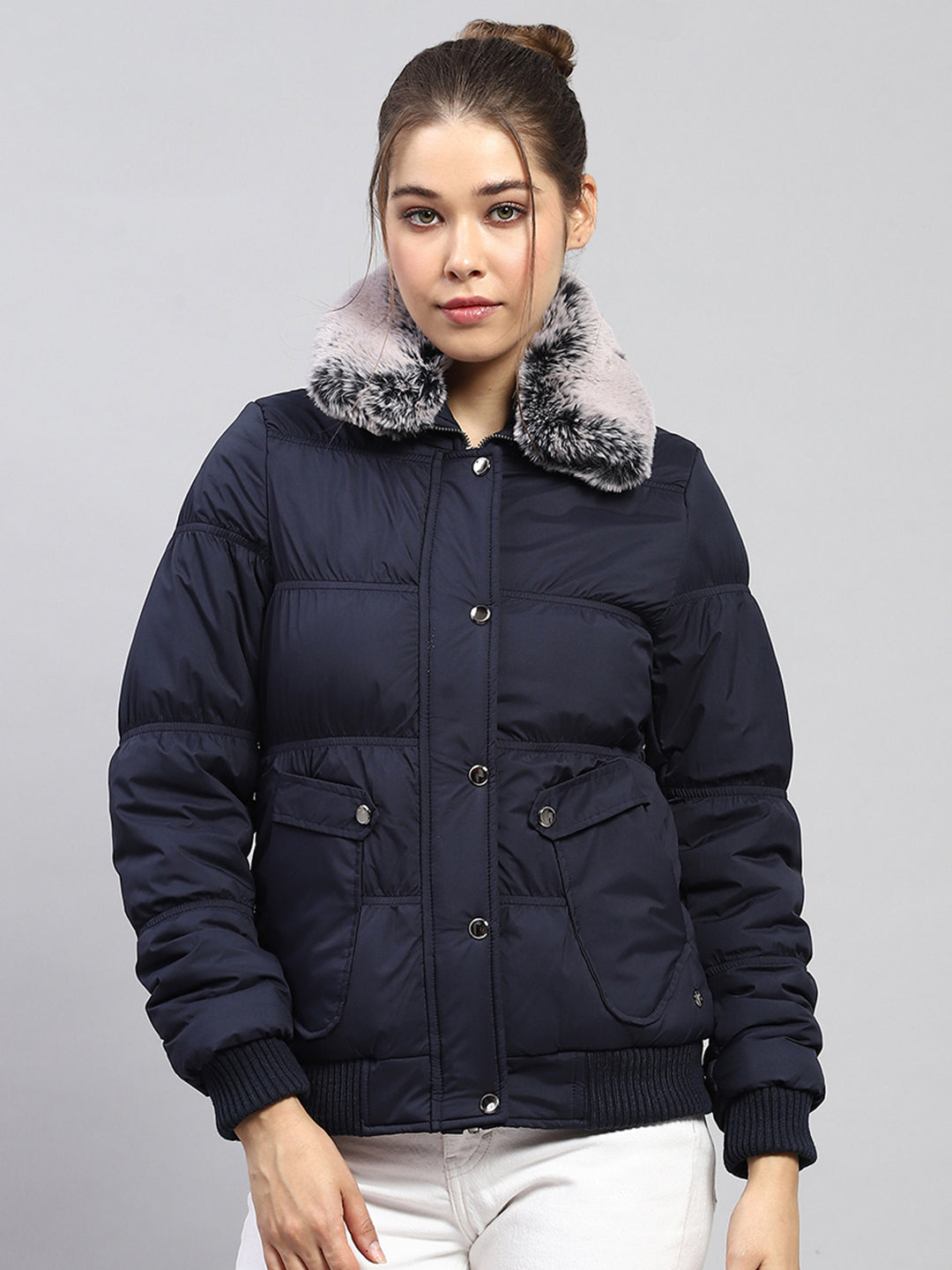 Women Navy Blue Solid Collar Full Sleeve Jacket