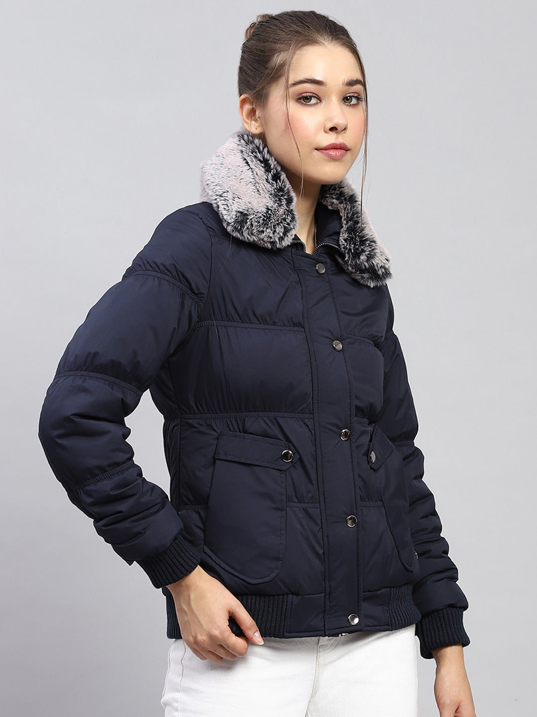 Women Navy Blue Solid Collar Full Sleeve Jacket