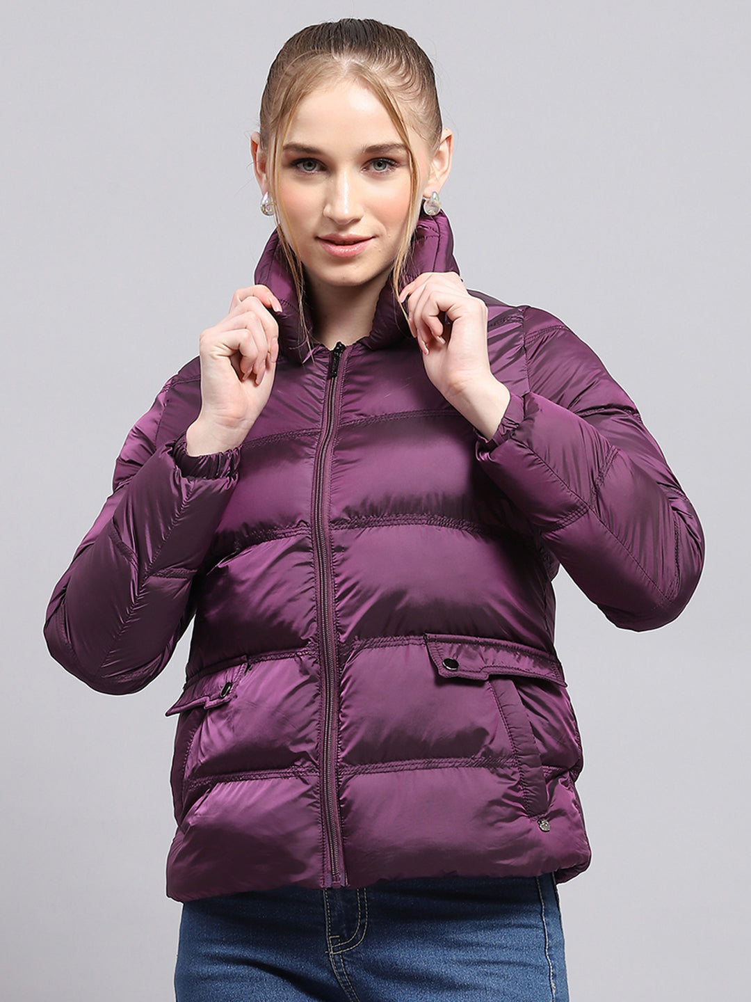 Women Purple Solid High Neck Full Sleeve Jacket