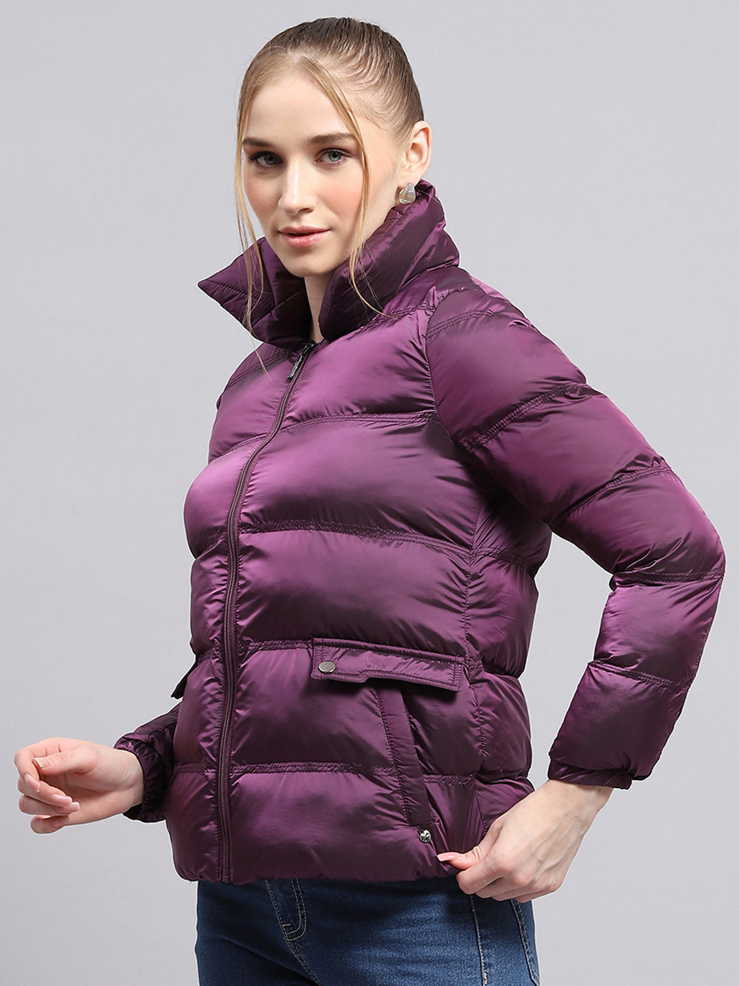 Women Purple Solid High Neck Full Sleeve Jacket