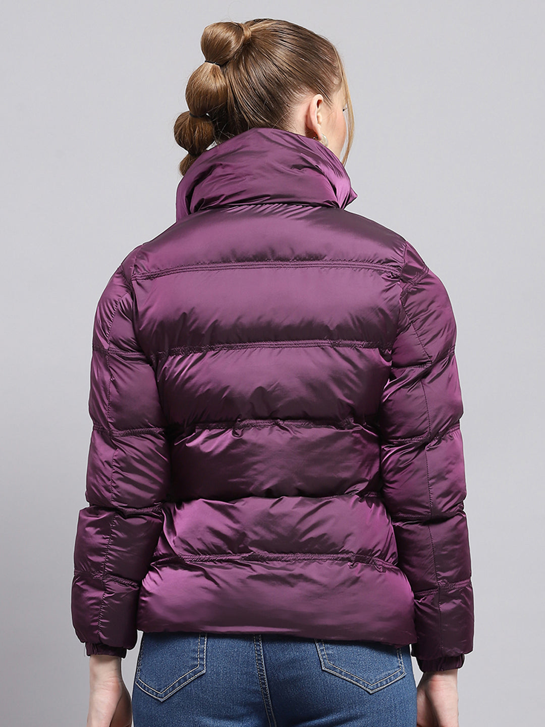 Women Purple Solid High Neck Full Sleeve Jacket