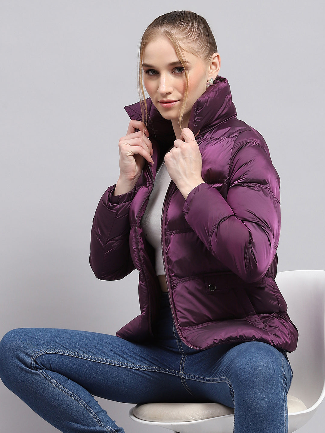 Women Purple Solid High Neck Full Sleeve Jacket