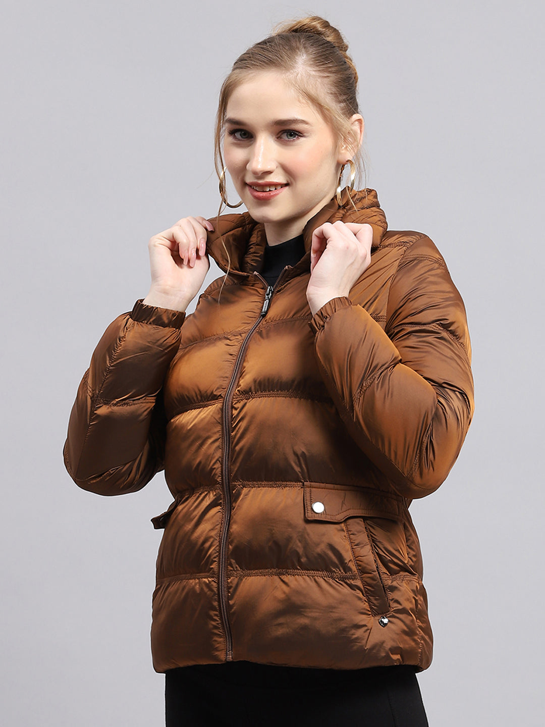 Women Brown Solid Mock Neck Full Sleeve Jacket