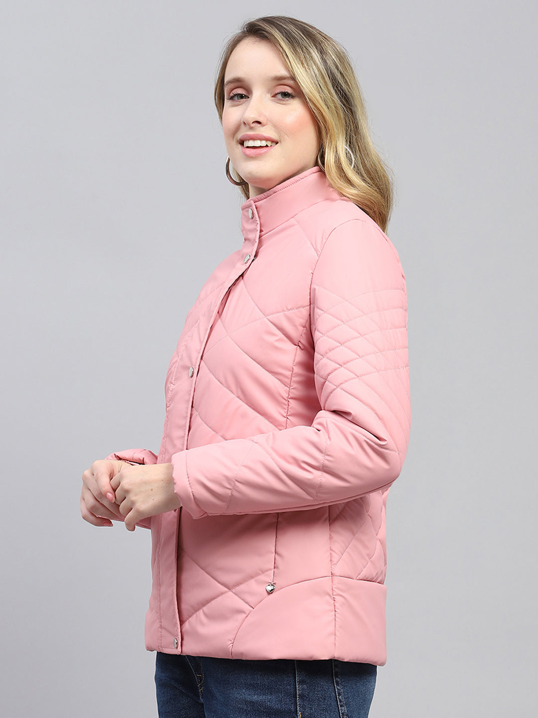 Women Pink Solid Mock Neck Full Sleeve Jacket