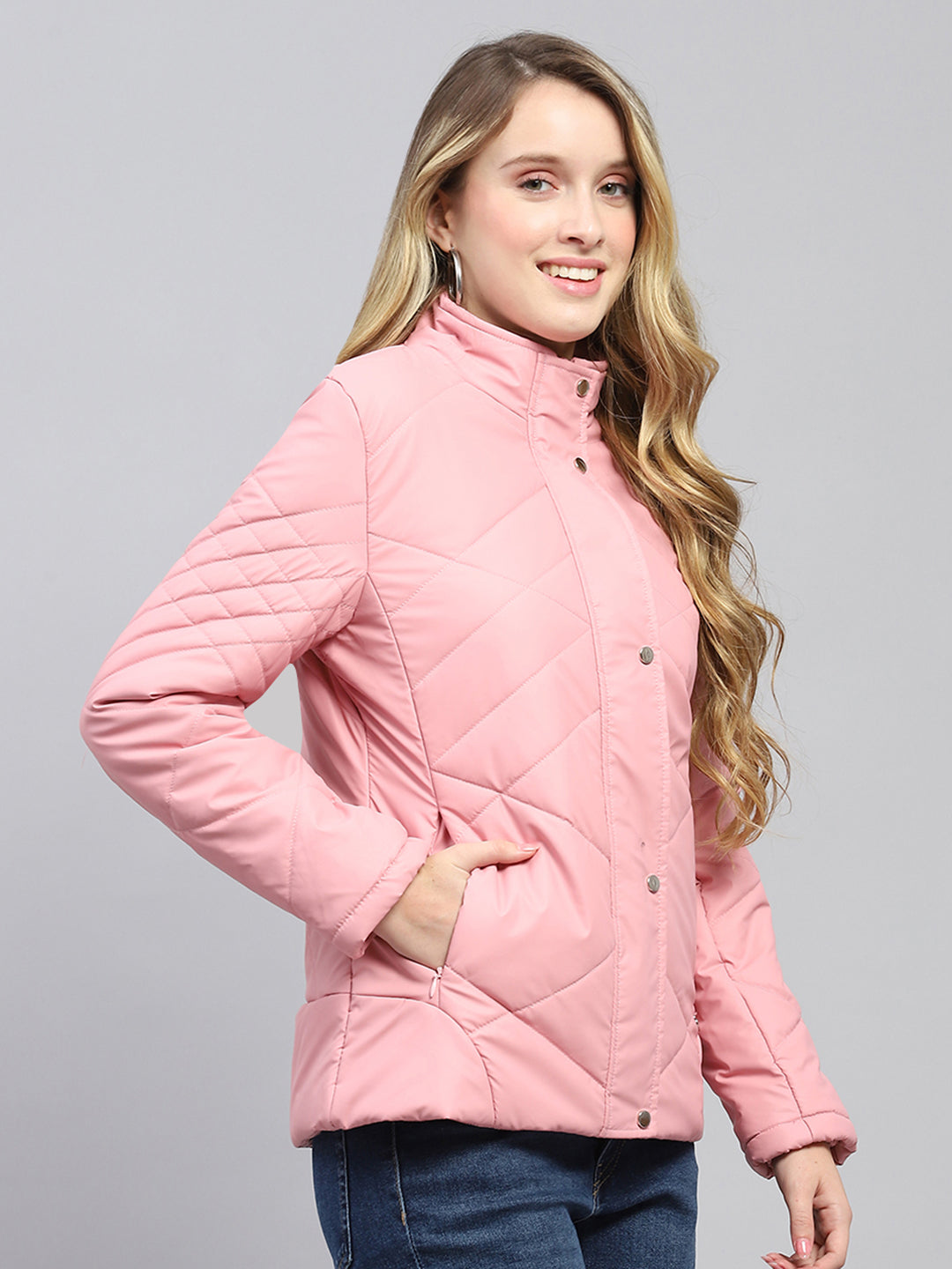 Women Pink Solid Mock Neck Full Sleeve Jacket