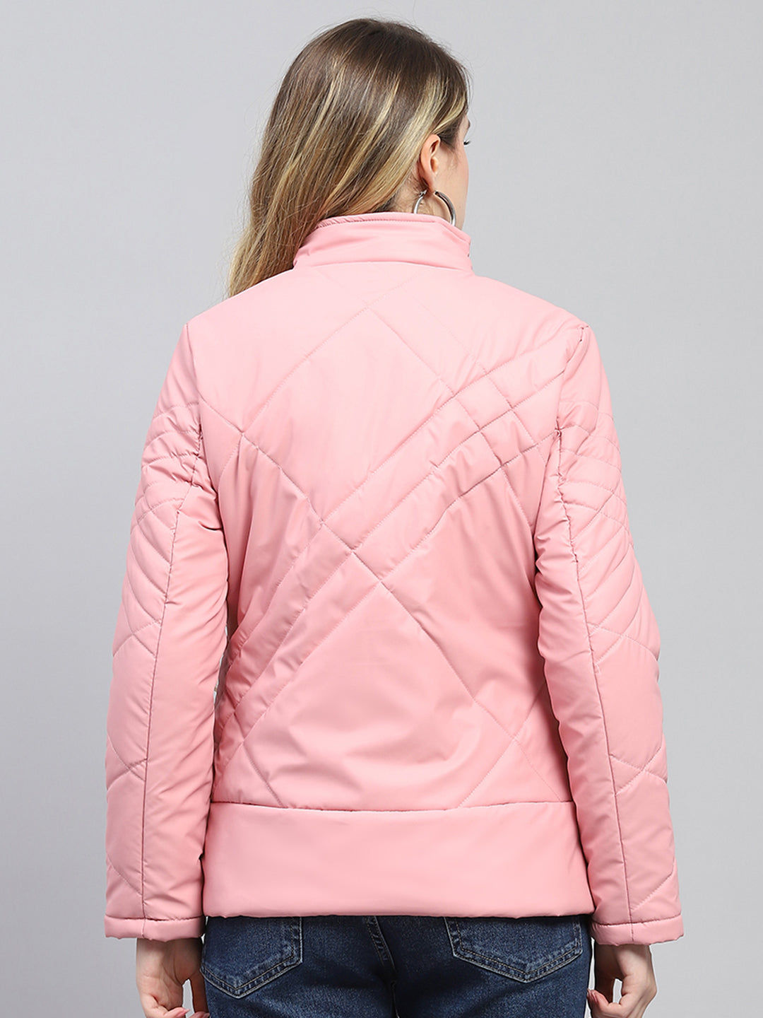 Women Pink Solid Mock Neck Full Sleeve Jacket