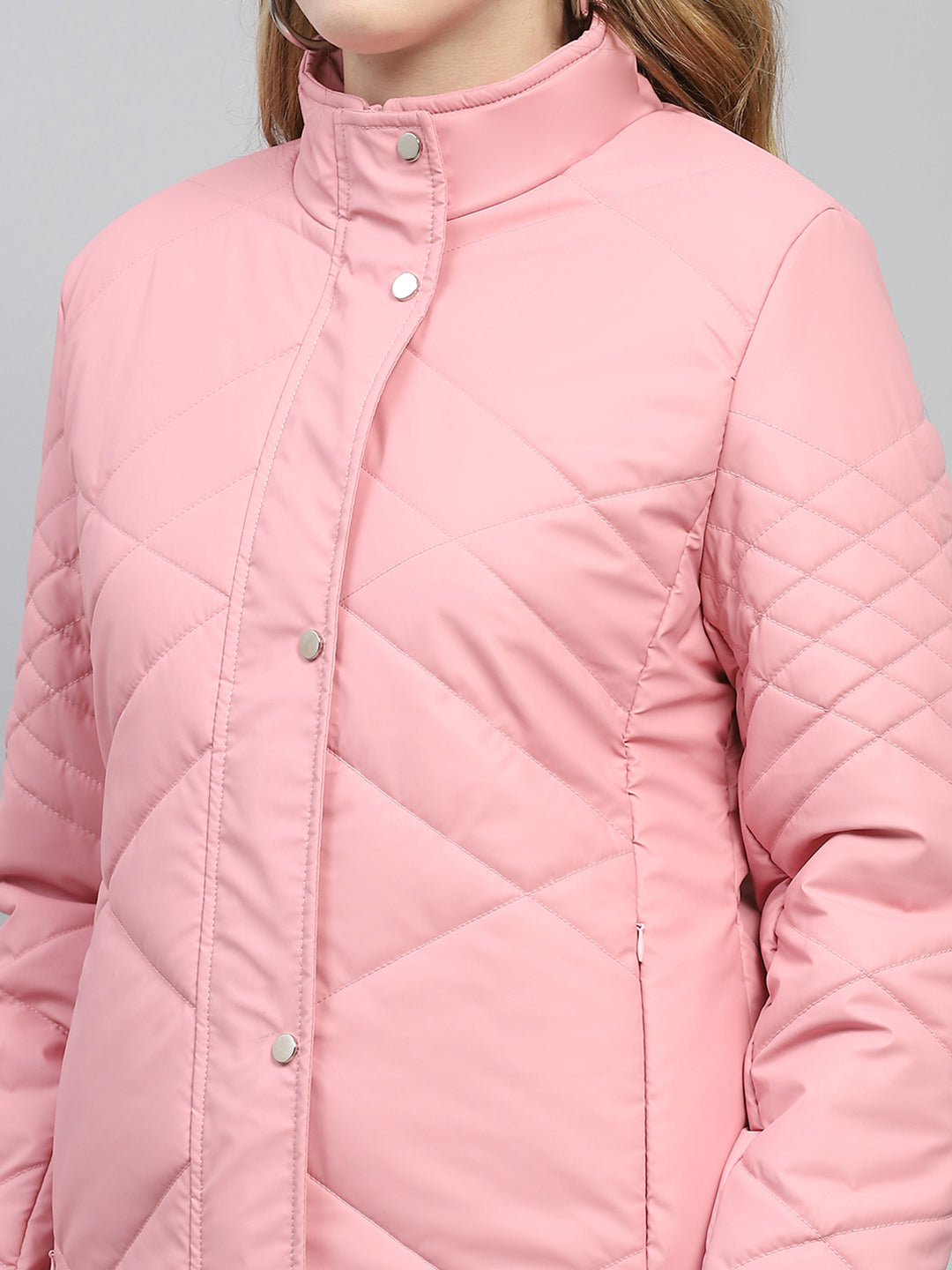 Women Pink Solid Mock Neck Full Sleeve Jacket