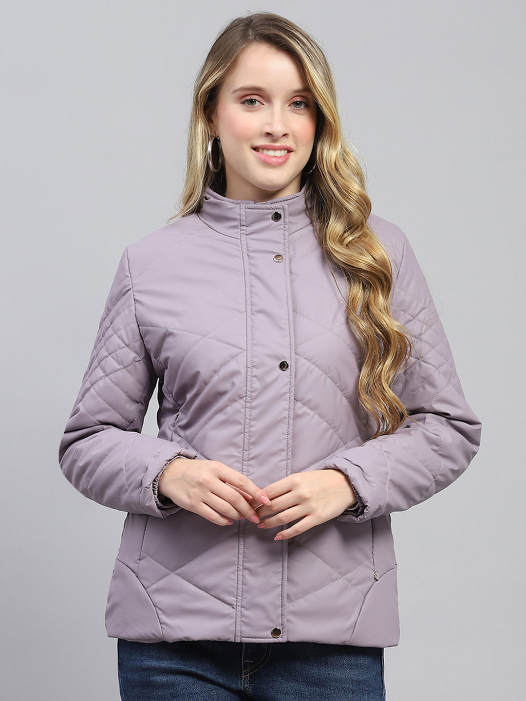 Women Purple Solid Mock Neck Full Sleeve Jacket