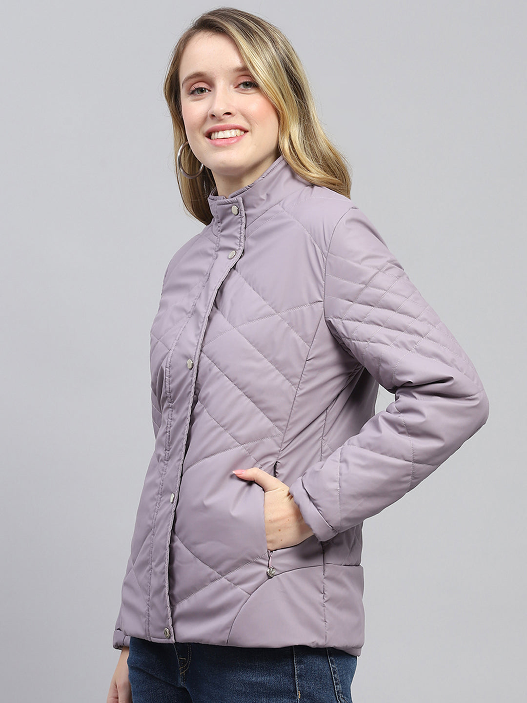 Women Purple Solid Mock Neck Full Sleeve Jacket