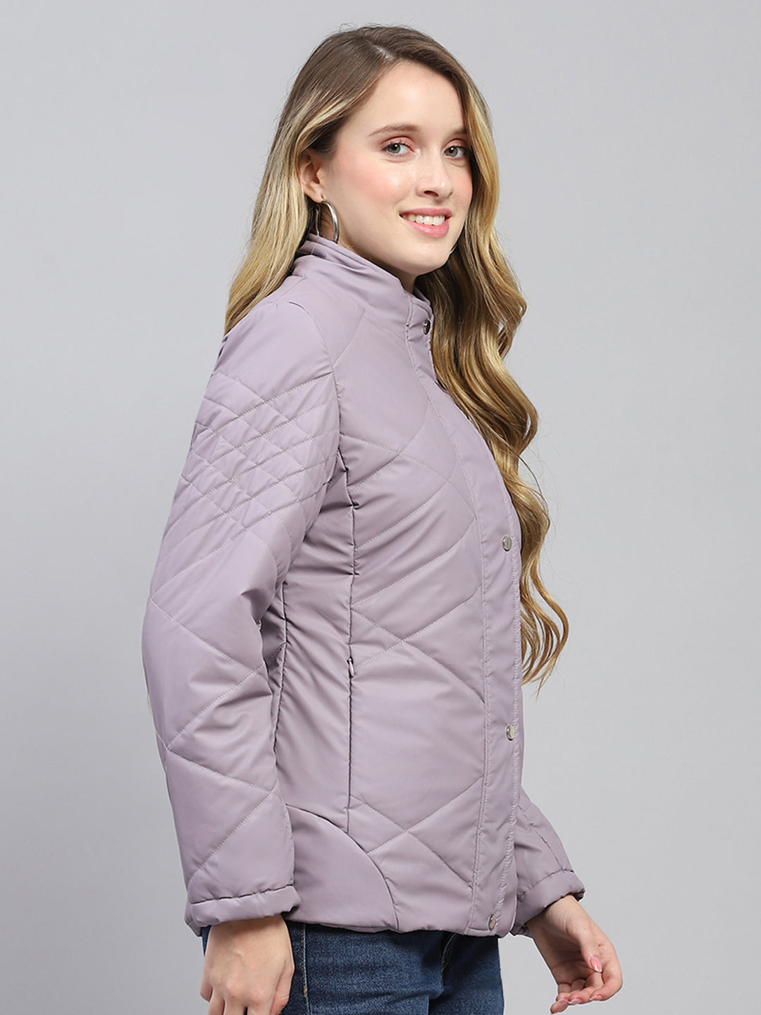 Women Purple Solid Mock Neck Full Sleeve Jacket