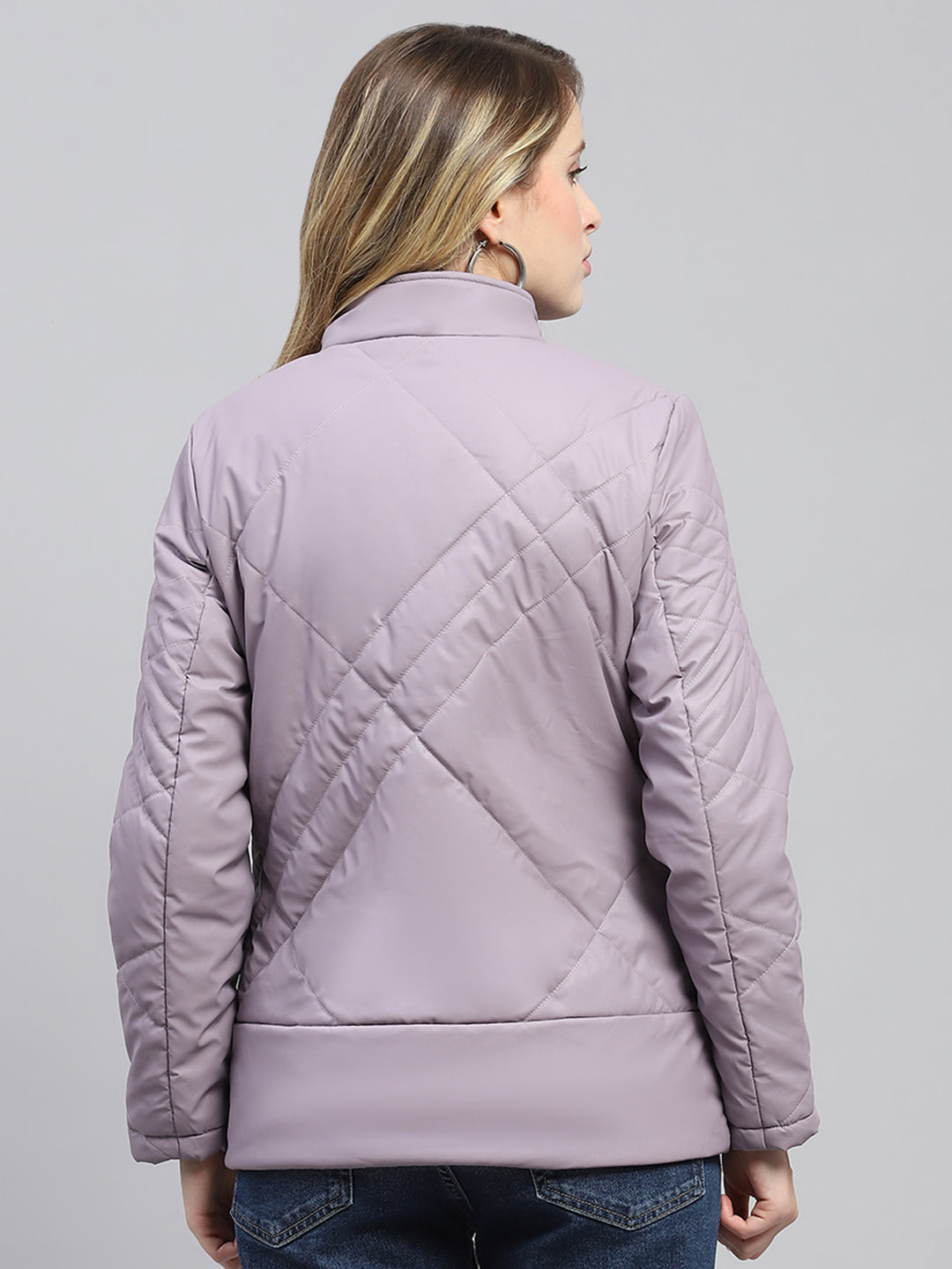 Women Purple Solid Mock Neck Full Sleeve Jacket