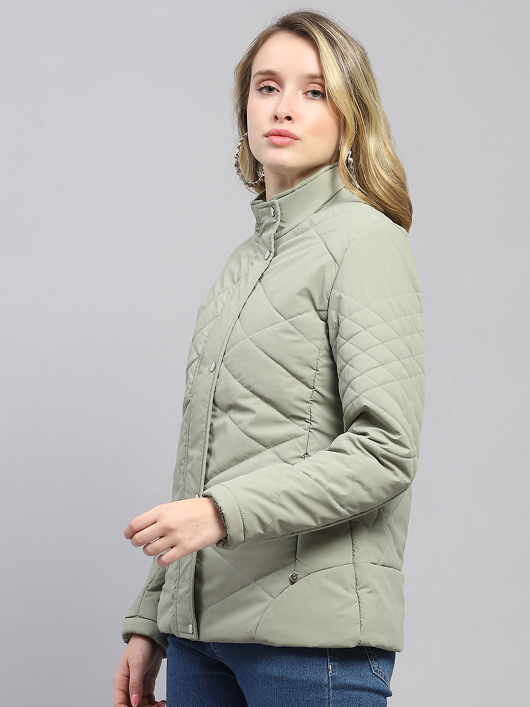 Women Olive Solid Mock Neck Full Sleeve Jacket