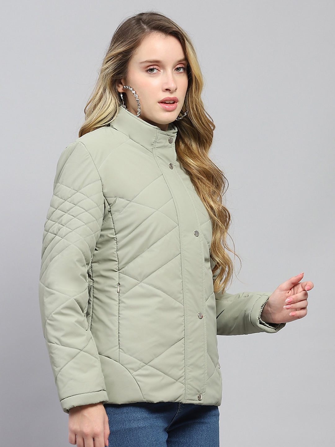 Women Olive Solid Mock Neck Full Sleeve Jacket