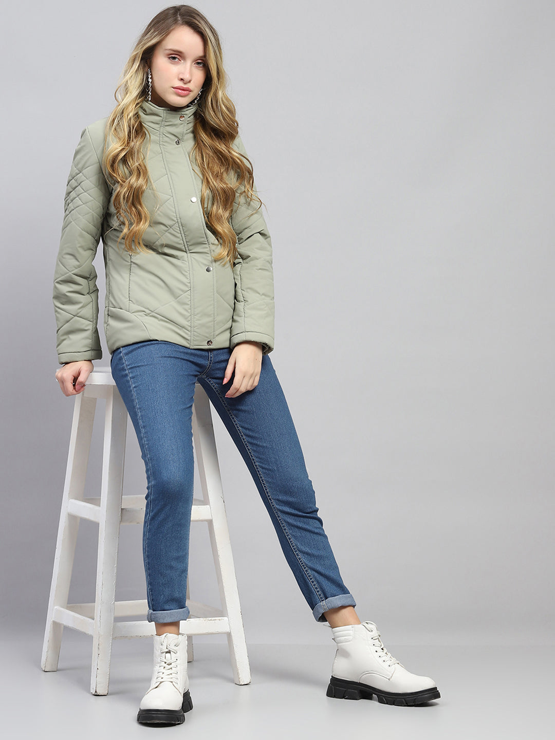 Women Olive Solid Mock Neck Full Sleeve Jacket