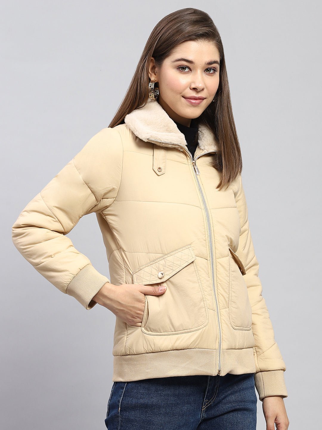 Women Beige Self Design Collar Full Sleeve Jacket