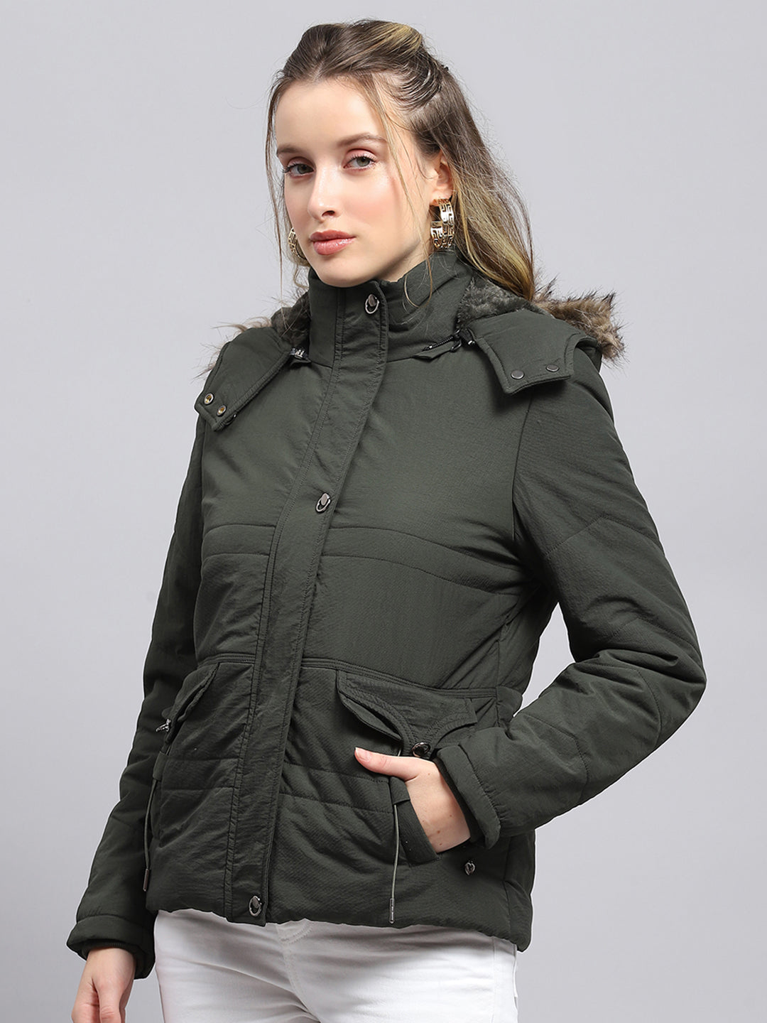 Women Green Solid Detachable Hood Full Sleeve Jacket