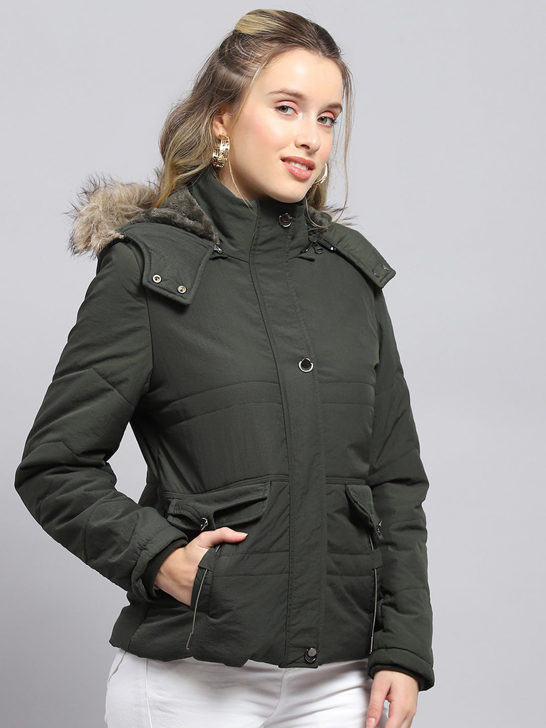 Women Green Solid Detachable Hood Full Sleeve Jacket