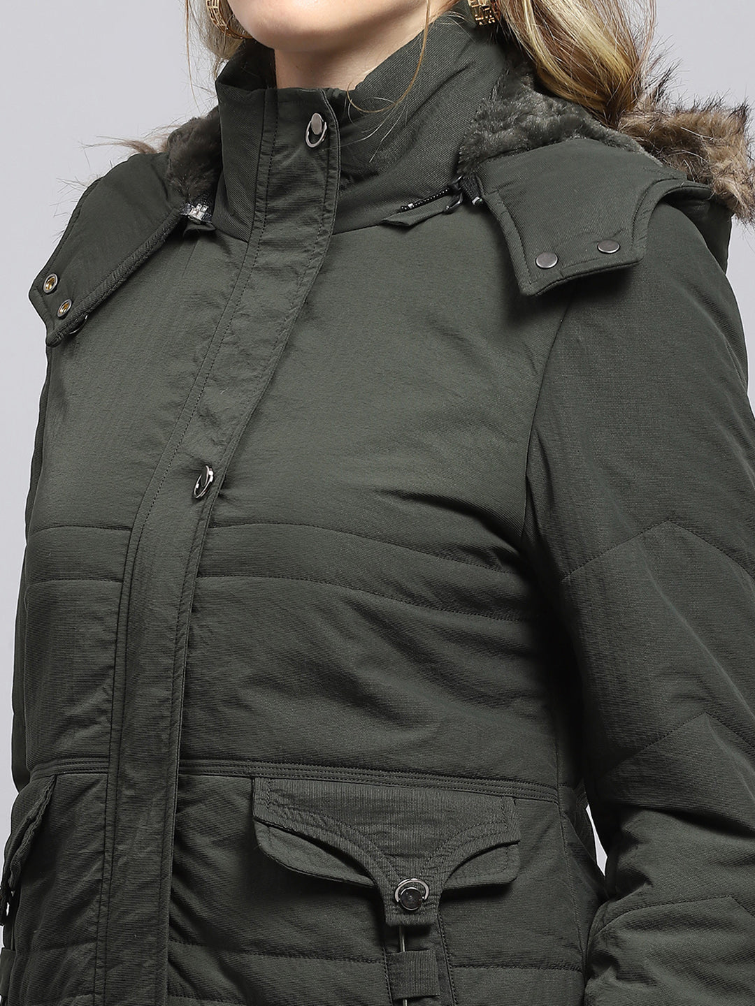 Women Green Solid Detachable Hood Full Sleeve Jacket