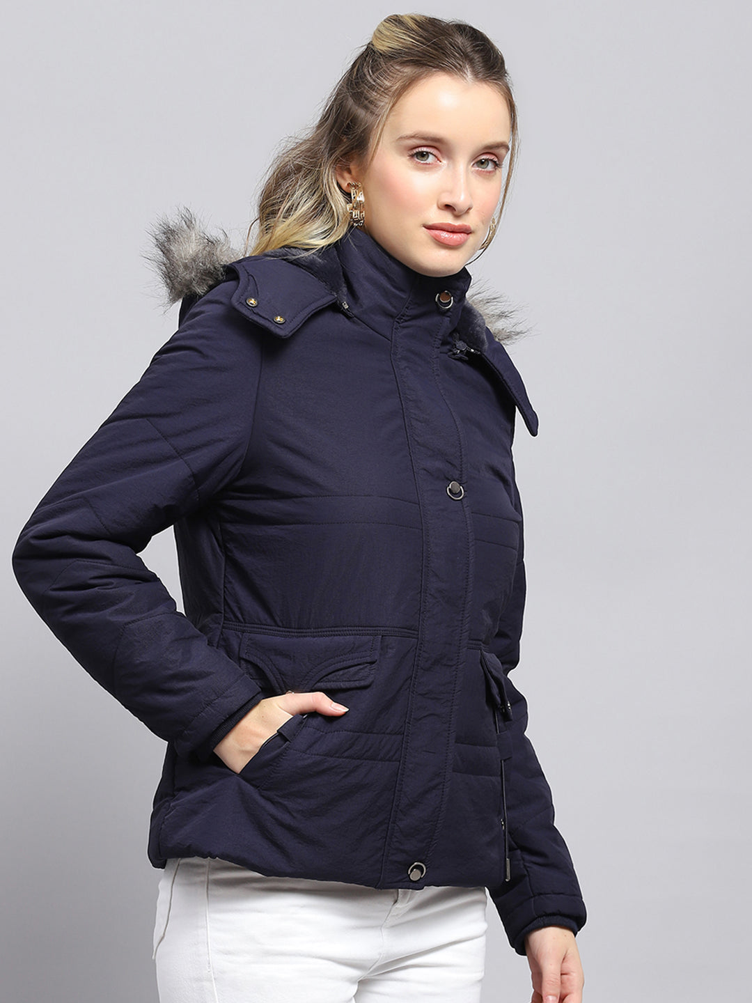 Women Navy Blue Solid Detachable Hood Full Sleeve Jacket