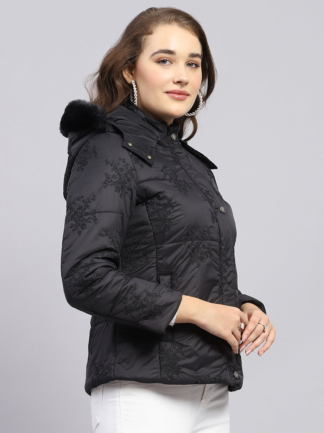 Women Black Embroidered Detachable Hood Full Sleeve Jacket