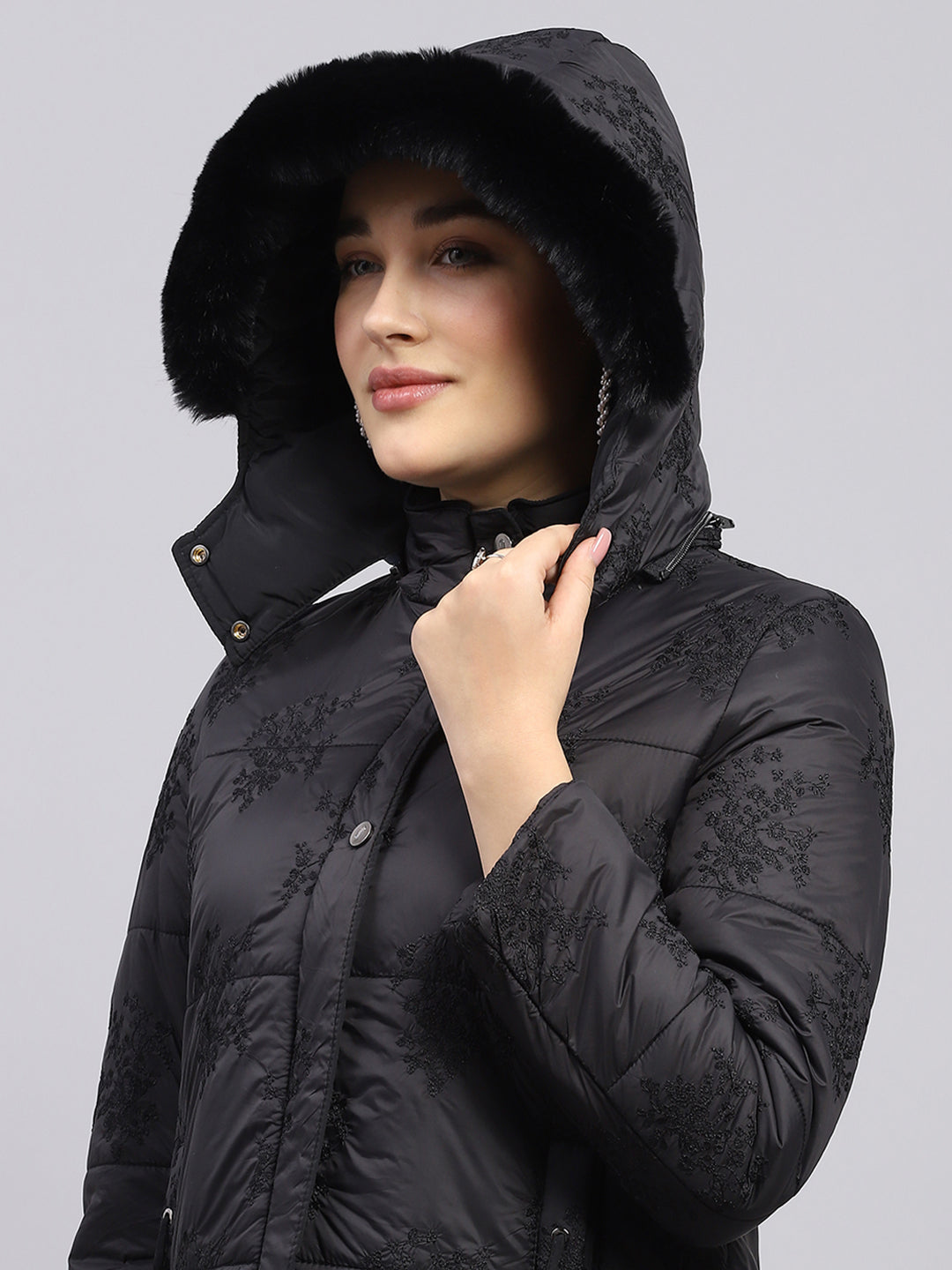 Women Black Embroidered Detachable Hood Full Sleeve Jacket