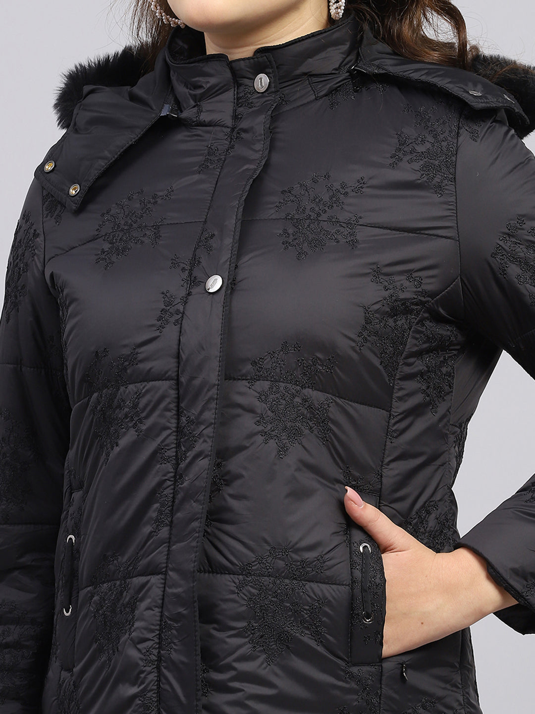 Women Black Embroidered Detachable Hood Full Sleeve Jacket