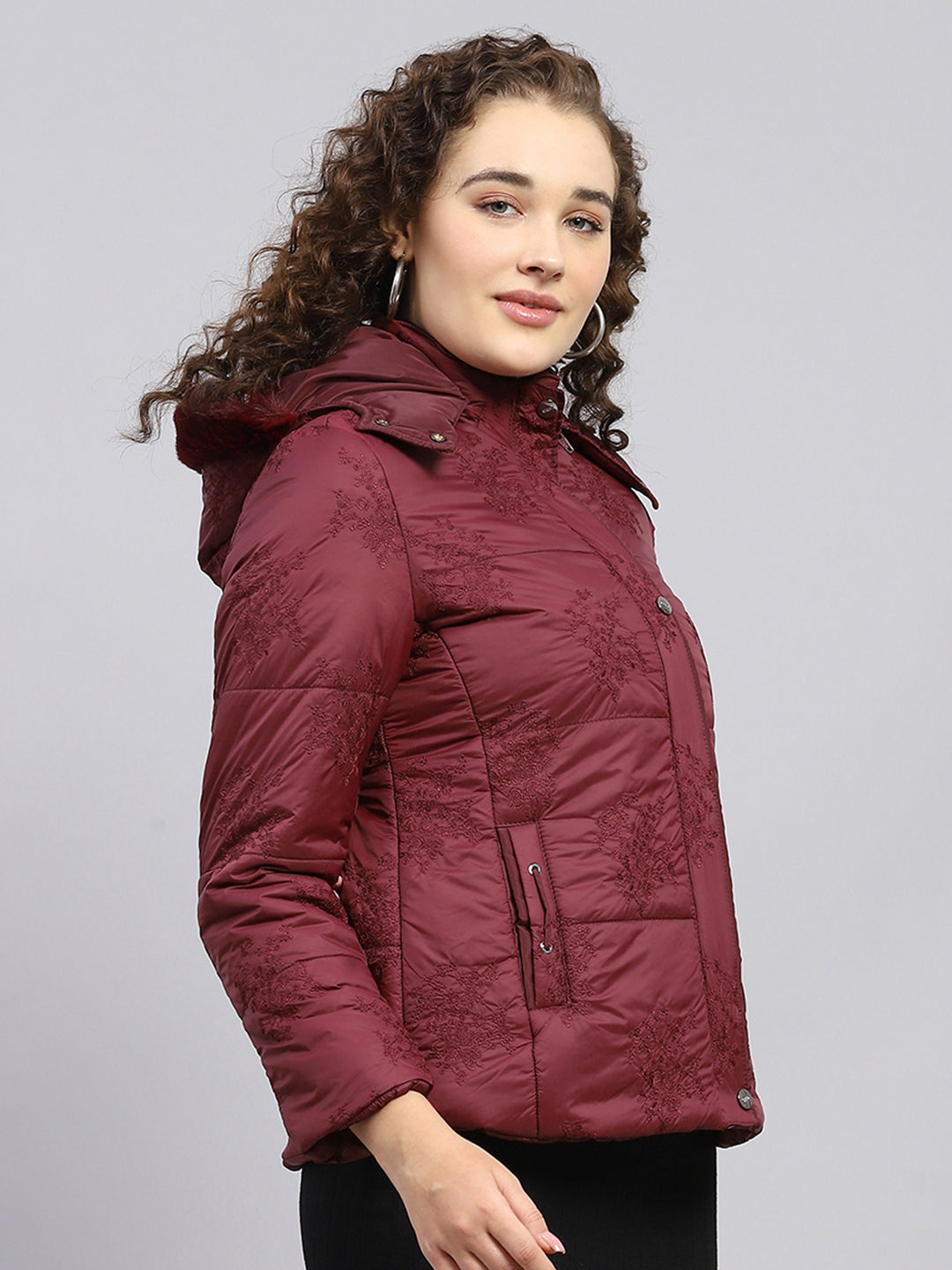 Women Maroon Embroidered Detachable Hood Full Sleeve Jacket