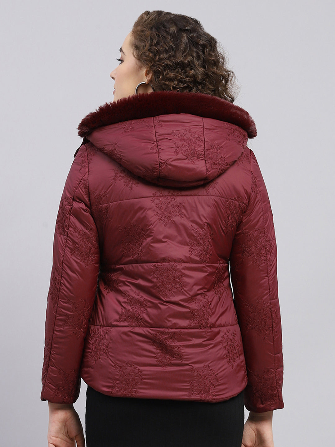 Women Maroon Embroidered Detachable Hood Full Sleeve Jacket