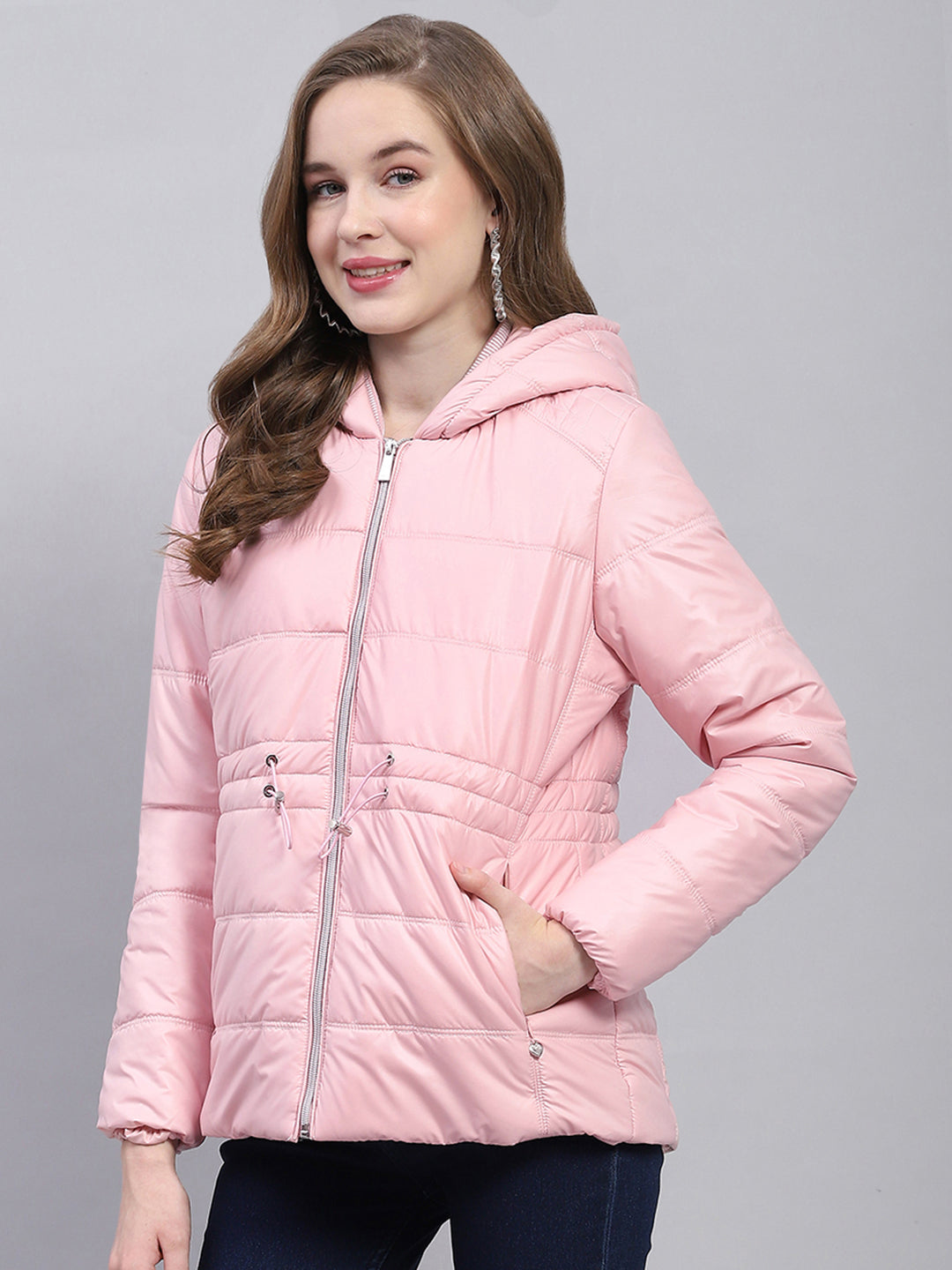 Women Pink Solid Hooded Full Sleeve Jacket