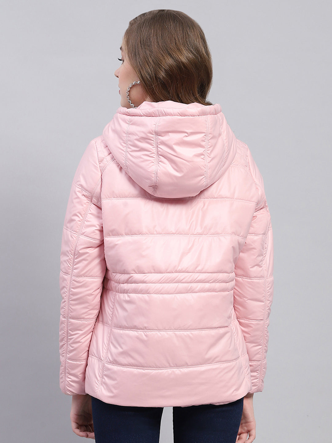 Women Pink Solid Hooded Full Sleeve Jacket