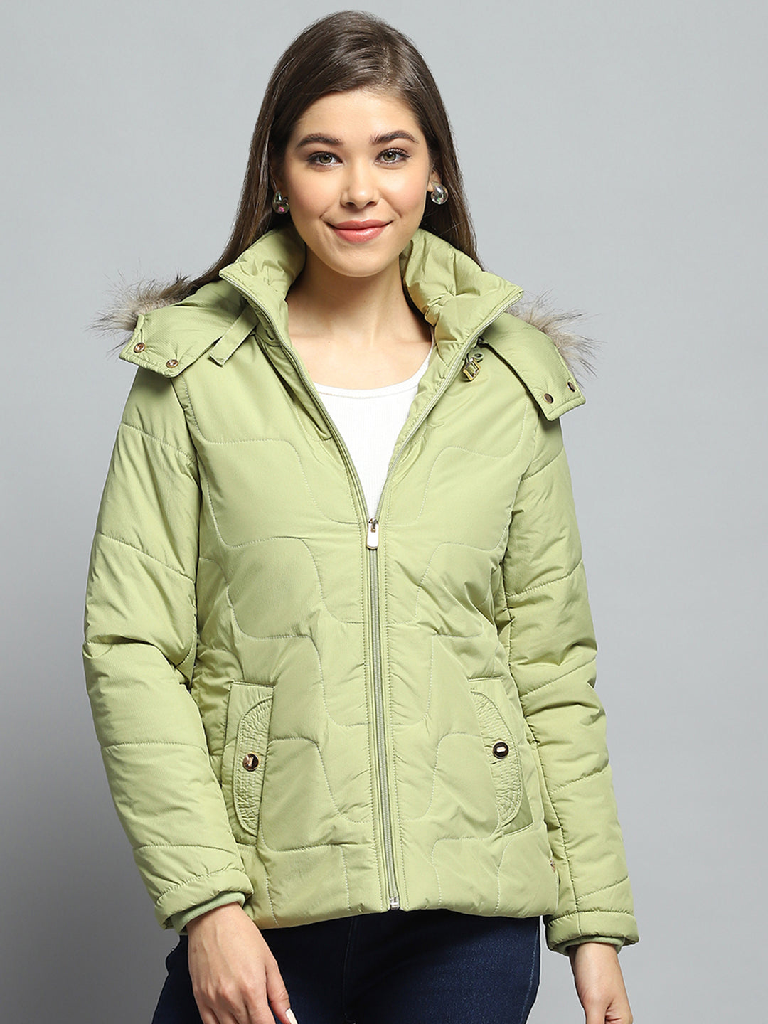 Women Green Self Design Detachable Hood Full Sleeve Jacket